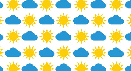 Weather seamless pattern: alternating yellow sun and blue cloud, bright summer sky background.