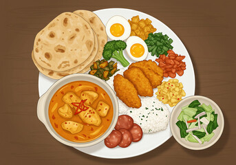 A vibrant illustration showcasing a diverse and appetizing assortment of various foods arranged on a white plate.