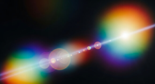 Abstract rainbow light flare with lens effect creating a vibrant and colorful cosmic atmosphere for backgrounds and designs - Powered by Adobe