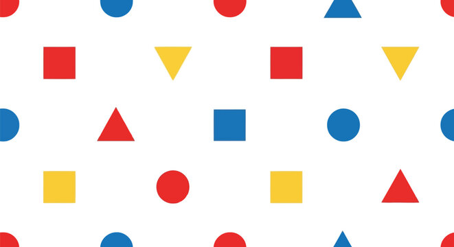 Seamless geometric shapes pattern primary colors kids education playful design vector background