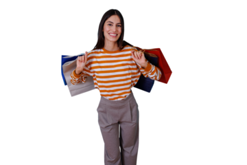 Happy woman carrying shopping bags, enjoying consumerism, retail therapy, and discount purchases during a sale event on a transparent background