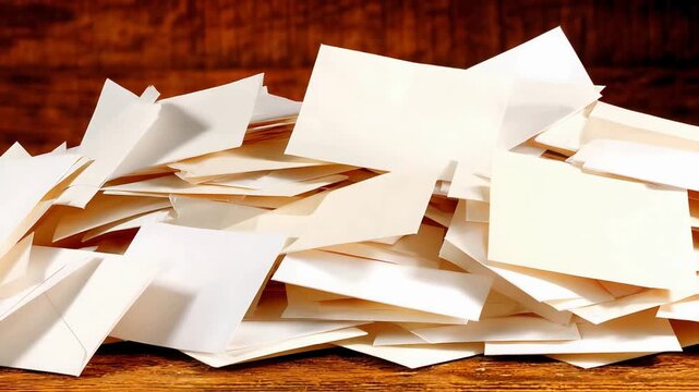 A large disorganized pile of blank white and cream papers on a rustic wooden table.
