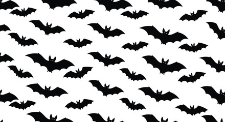 Spooky halloween seamless bat pattern: scattered flying black silhouette background.