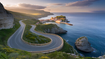 Winding coastal road leads to picturesque village by blue ocean at sunset seaside