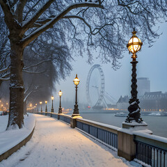 London's historic architecture and snowy bridge over the river are beautifully captured in the winter city park scene