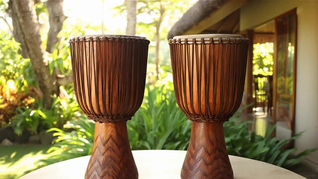 Traditional African Djembe Drums Sitting Outdoors in a Serene Tropical Garden.