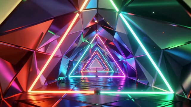 Neon triangles rotating in dark digital space