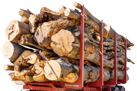 Logging truck loaded with a large stack of cut timber logs for wood production, isolated on white