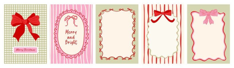 A Christmas illustration set featuring original hand-drawn doodles, refined ribbon-and-bow frames, striped decorative accents, and elegant typography. Ideal for greeting cards, invitations, and poster