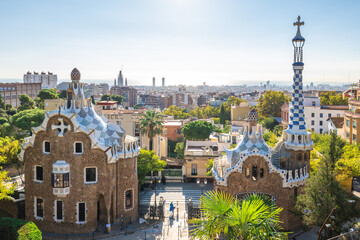 Entrance of Park Guell, a complex of parks and gardens in the La Salut neighborhood in Barcelona, Catalonia, Spain