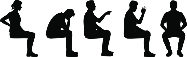 Silhouettes of seated people, various sitting postures, body language gestures, human figures in chairs, expressive poses, black silhouettes, communication, stress, conversation, pointing, thinking