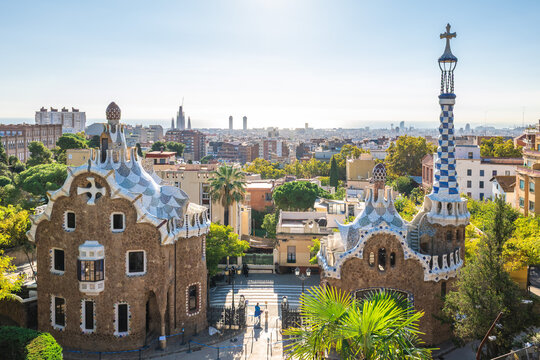 Entrance of Park Guell, a complex of parks and gardens in the La Salut neighborhood in Barcelona, Catalonia, Spain