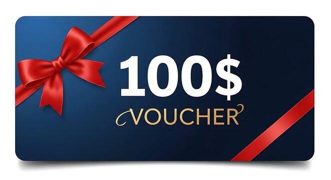 Elegant dark blue gift voucher with a red ribbon and bow for one hundred dollars value