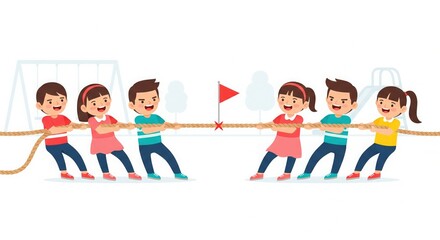Kids Playing Tug of War on Playground. Fun Flat Vector Design.