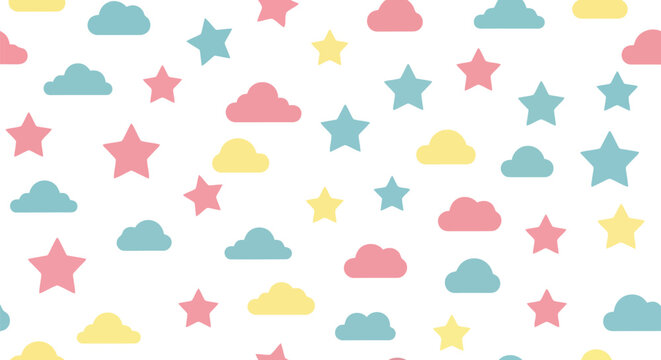 Cute pastel clouds and stars seamless pattern baby nursery background kids playful design