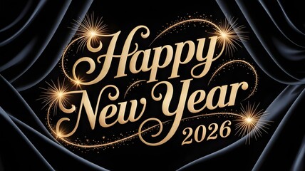 Happy new year 2026 text with sparkling fireworks and elegant golden script on a dark luxurious curtain background, celebrating the upcoming year with festive and celebratory elements