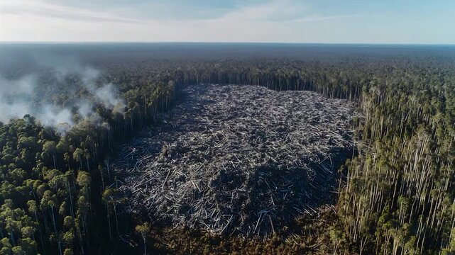 Environmental Devastation Drone Shot of Rainforest Destroyed by Logging and Fire.
