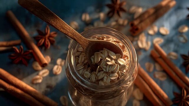 Scooping Healthy Oats from Glass Jar with Cinnamon Sticks and Star Anise.