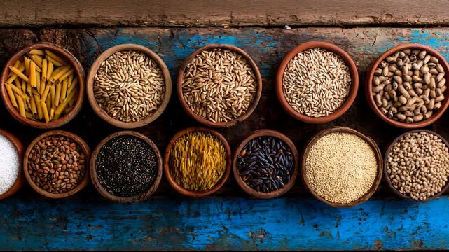 Diverse Healthy Grains, Pasta, and Legumes Artfully Arranged in Rustic Bowls on a Vintage Wood Table.