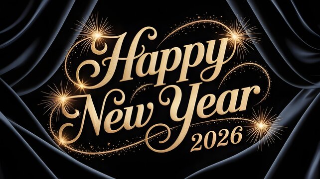 Happy new year 2026 text with sparkling fireworks and elegant golden script on a dark luxurious curtain background, celebrating the upcoming year with festive and celebratory elements - Powered by Adobe