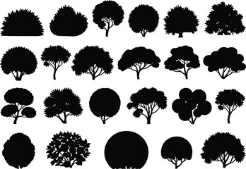 Tree silhouette collection, black tree icons, vector tree shapes, botanical illustration, landscape design elements, diverse foliage forms, nature graphics, arbor style reference, editable trees