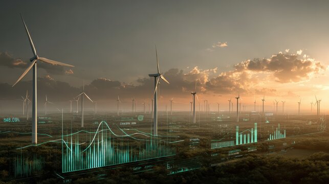 Wind turbine farm generating clean energy with data visualization overlay, showcasing sustainable power and environmental responsibility