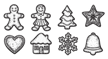 Hand-drawn black outline illustrations of festive holiday cookies, showcasing gingerbread figures, a christmas tree, a star, a heart, a house, a snowflake, and a bell.