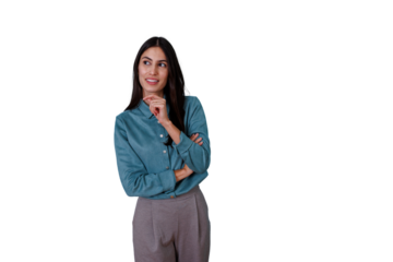 Young mixed race businesswoman thinking, looking away with a pensive expression, finding solution, having an idea, transparent background