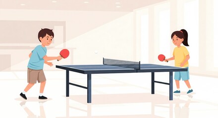 Obraz premium Kids Playing Table Tennis Indoors. Clean Flat Vector Art.