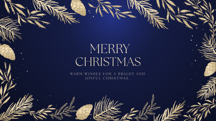 Obraz premium Luxury Blue and Gold Merry Christmas Banner — Elegant Pine Branch and Cone Holiday Vector Background