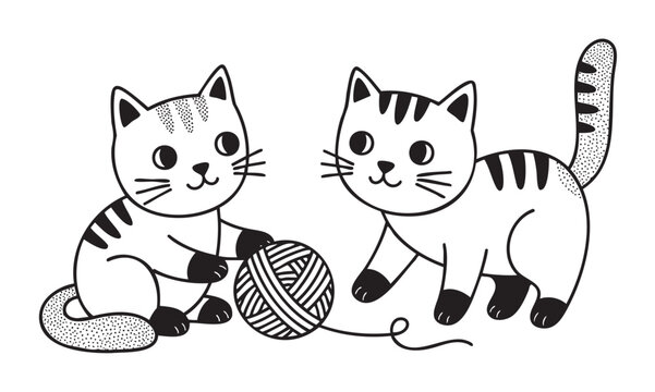Two adorable cartoon kittens with striped patterns playfully interact with a ball of yarn on a white background.