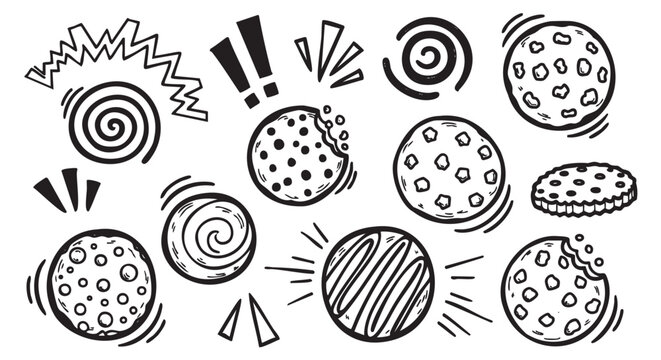 Black and white doodle-style illustrations of various decorated cookies, featuring polka dots, spirals, stripes, and zigzag patterns.