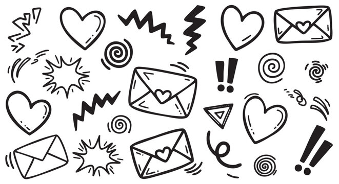 Black and white doodles of hearts, exclamation points, envelopes, and abstract zigzag lines on a plain background.