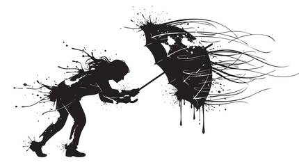 A silhouette of a young female battling strong winds with an umbrella, featuring dynamic splatter effects.