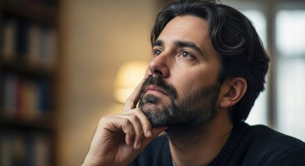 Thoughtful man with beard looking up in contemplation with a bookshelf in the background