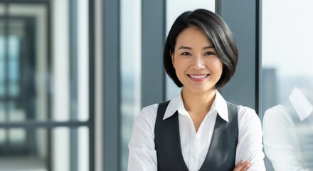 Smiling asian businesswoman in office with arms crossed near window and cityscape