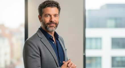 Portrait of a confident man with a beard in a gray jacket against a window backdrop