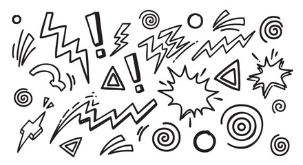 Black outline doodles of abstract symbols including zigzags, spirals, exclamation marks, and starbursts, conveying dynamic and energetic motion.