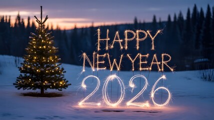 Happy new year 2026 text made of sparkling fireworks and a decorated christmas tree in a snowy landscape at dusk
