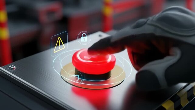 Hand in Glove Pushes Red Emergency Stop Button with Digital Icons