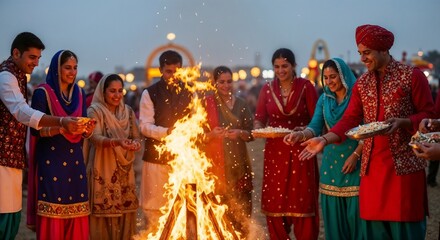 Lohri festival bonfire, group of people in traditional wear celebrating around bonfire  