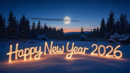 Glowing illuminated text happy new year 2026 in a snowy landscape under a full moon and starry night sky, evoking a festive and magical atmosphere