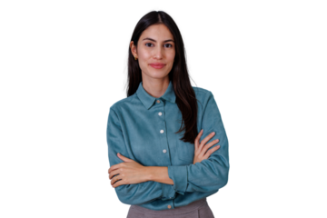 Confident young businesswoman smiling, standing with arms crossed, portraying professionalism and success, transparent background