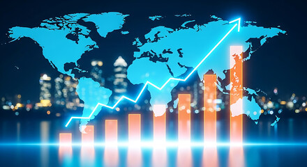 Global business growth concept with bar graph and world map over city skyline, indicating economic expansion and success