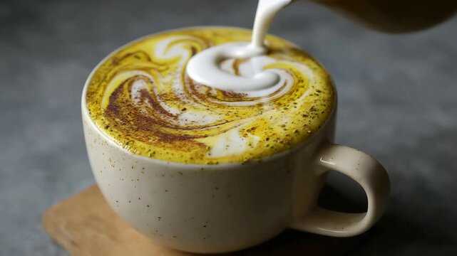 Pouring Creamy Milk into a Vibrant Golden Latte Creating Beautiful Swirling Latte Art.