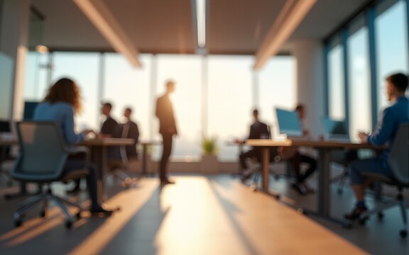 Dynamic workspace environment blurred office interior business focus modern design soft lighting. High quality