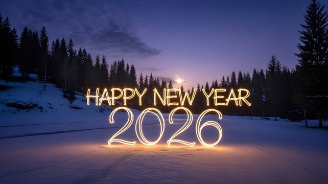Happy new year 2026 text illuminated with light painting in a snowy forest landscape at dusk with a clear night sky above