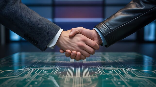 Two businessmen shaking hands over a circuit board, symbolizing partnership and technology