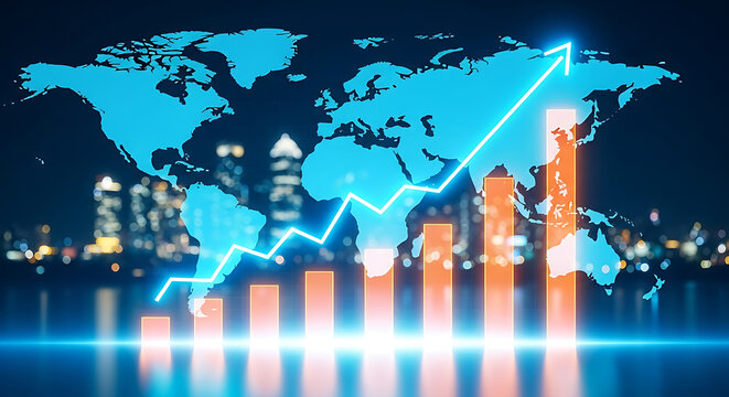 Global business growth concept with bar graph and world map over city skyline, indicating economic expansion and success