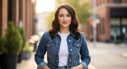 A confident woman in a denim jacket stands on a city street at golden hour